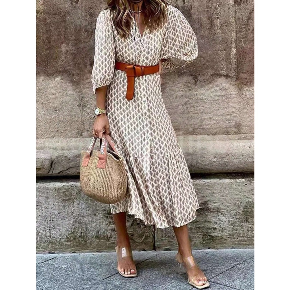 Printed Dress Lantern Sleeve Button Up White Tan - Picture 2 of 8